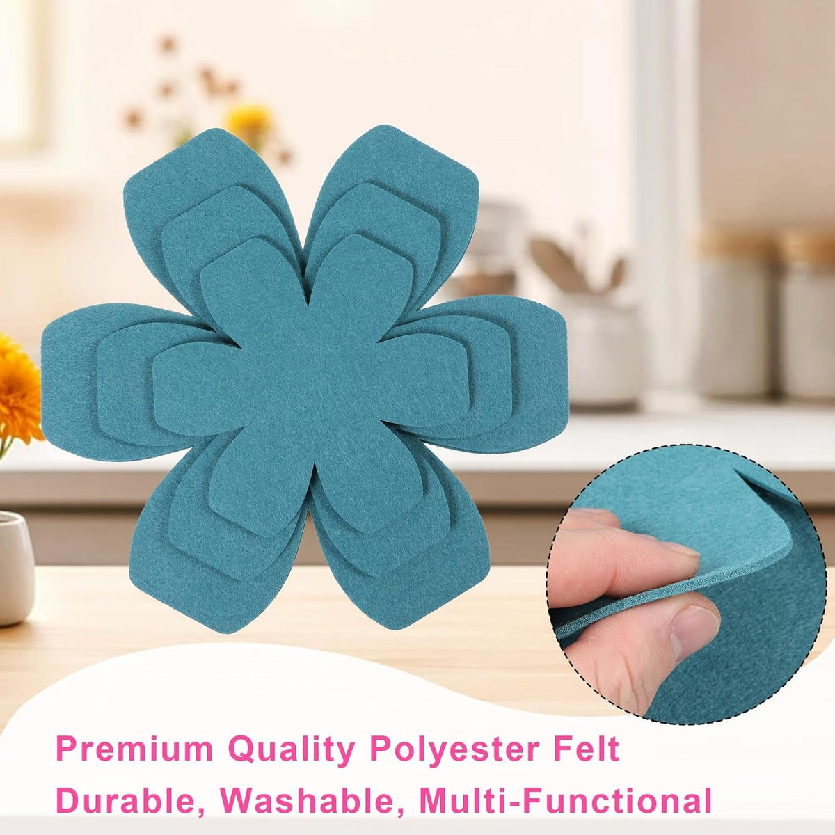 Blue pan protectors separating stacked pots and pans in a kitchen cabinet.