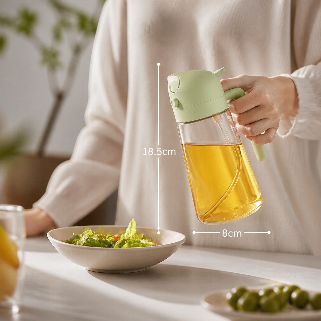 Simpson 500ml 2-in-1 olive oil spray and pour bottle with a light green lid held by a person over a salad bowl.