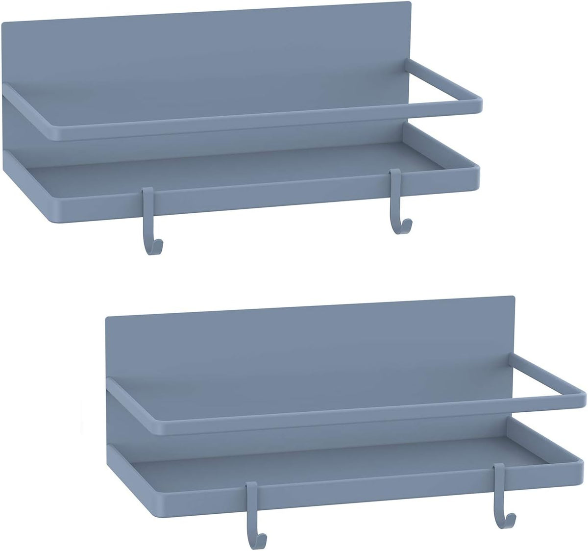 Gray magnetic spice shelf with removable hooks mounted on the side of a metal appliance.
