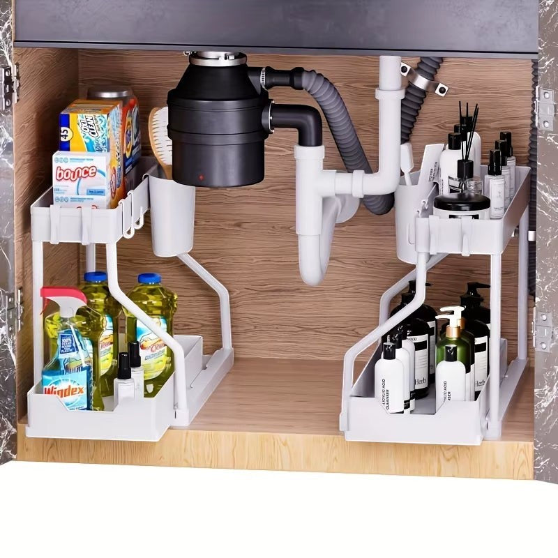 2-tier pull-out storage organizer installed inside an under-sink cabinet.