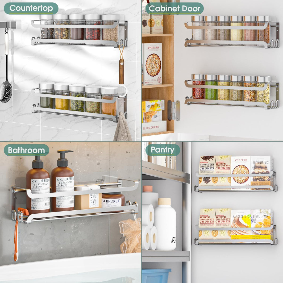 Silver wall-mounted spice rack with metal hooks mounted inside a pantry door.