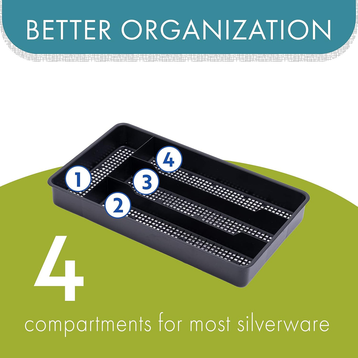 Black compact utensil drawer organizer fitted inside a narrow kitchen drawer.