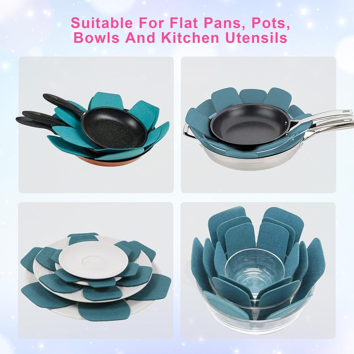 Blue pan protectors separating stacked pots and pans in a kitchen cabinet.