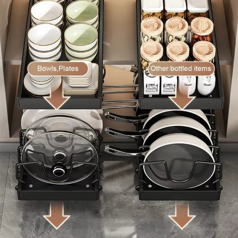 Pull-out cabinet organizer holding pots, pans, and lids upright in a kitchen cabinet.