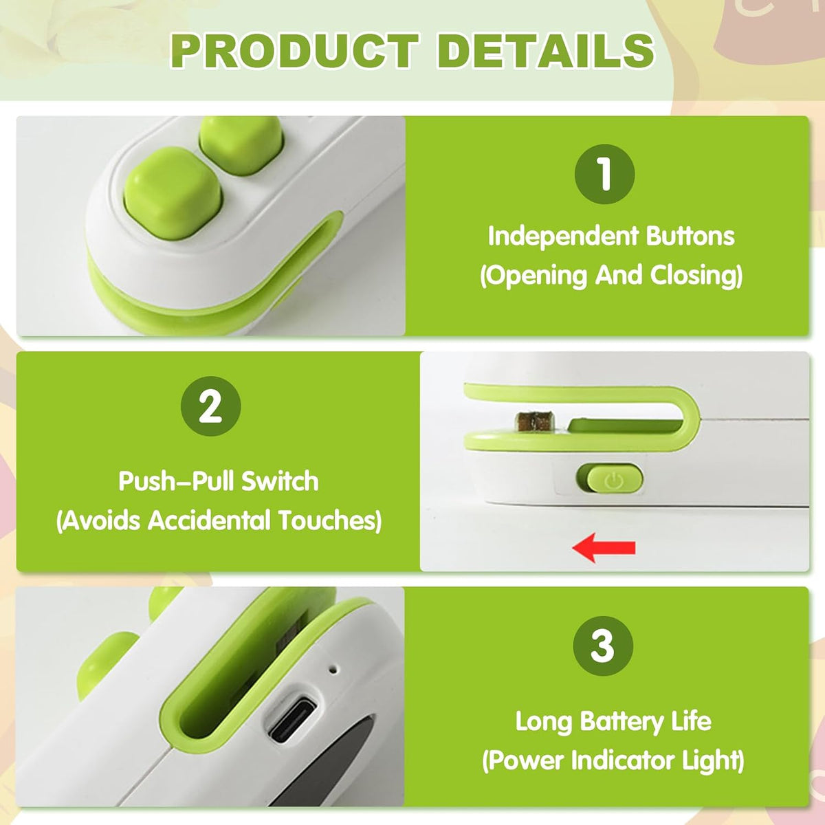 Rechargeable handheld mini bag sealer sealing the top of a snack bag.