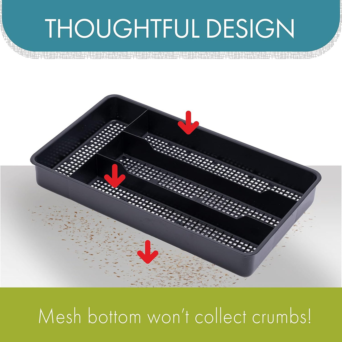 Black compact utensil drawer organizer fitted inside a narrow kitchen drawer.