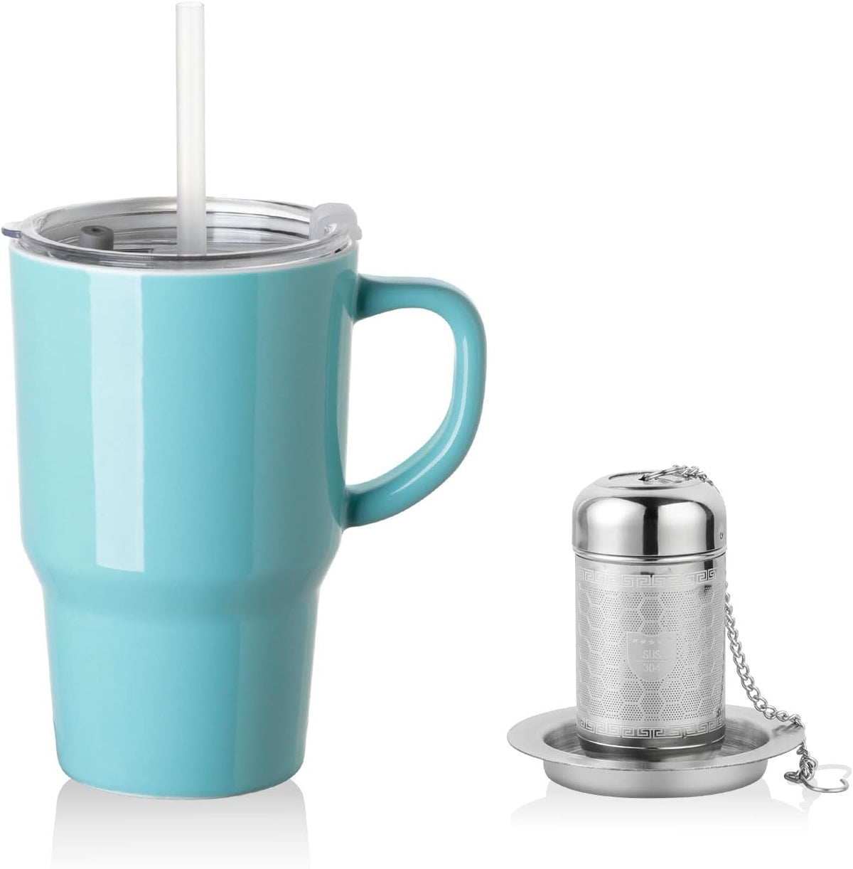 Sweejar Porcelain Tea Infuser Mug with Lid, 16 Oz Teacup with Strainers for Loose Leaf Tea, Microwave and Dishwasher Safe Coffee Mug(Turquoise)