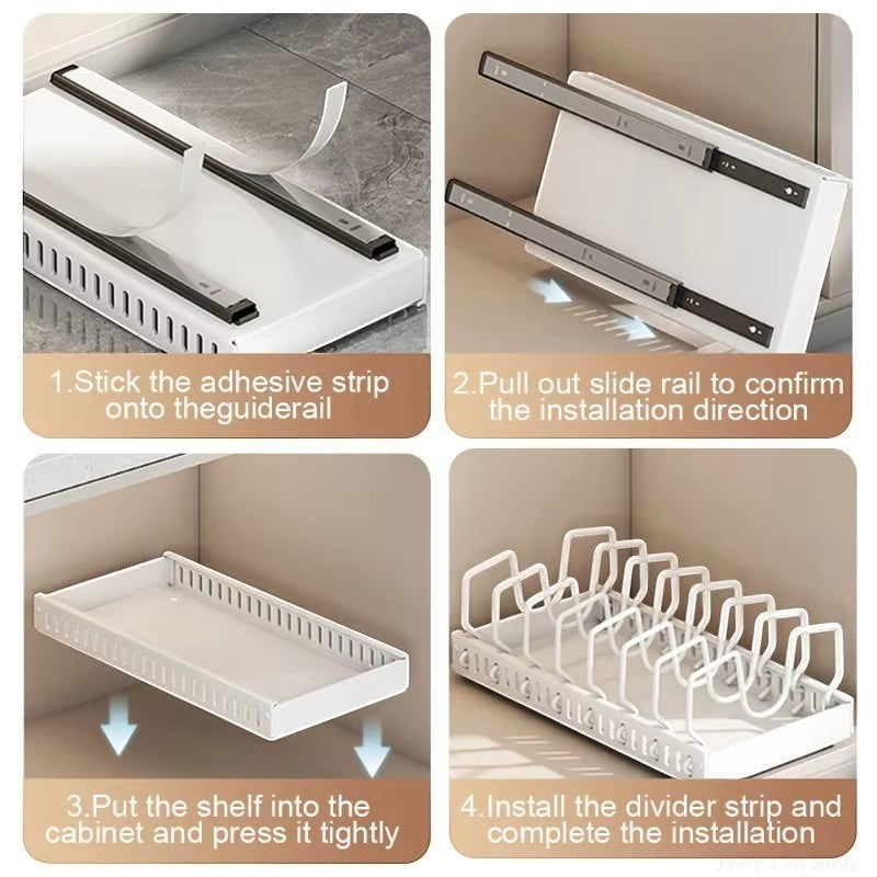 Pull-out cabinet organizer holding pots, pans, and lids upright in a kitchen cabinet.