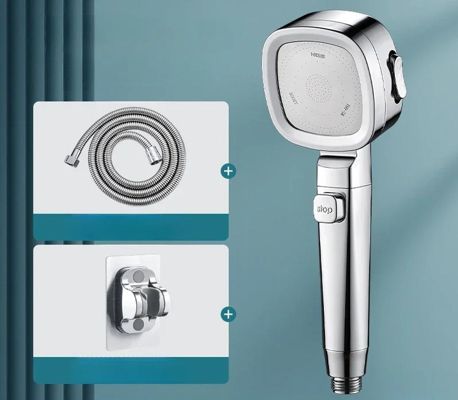 High-pressure water-saving shower head mounted in a modern bathroom.