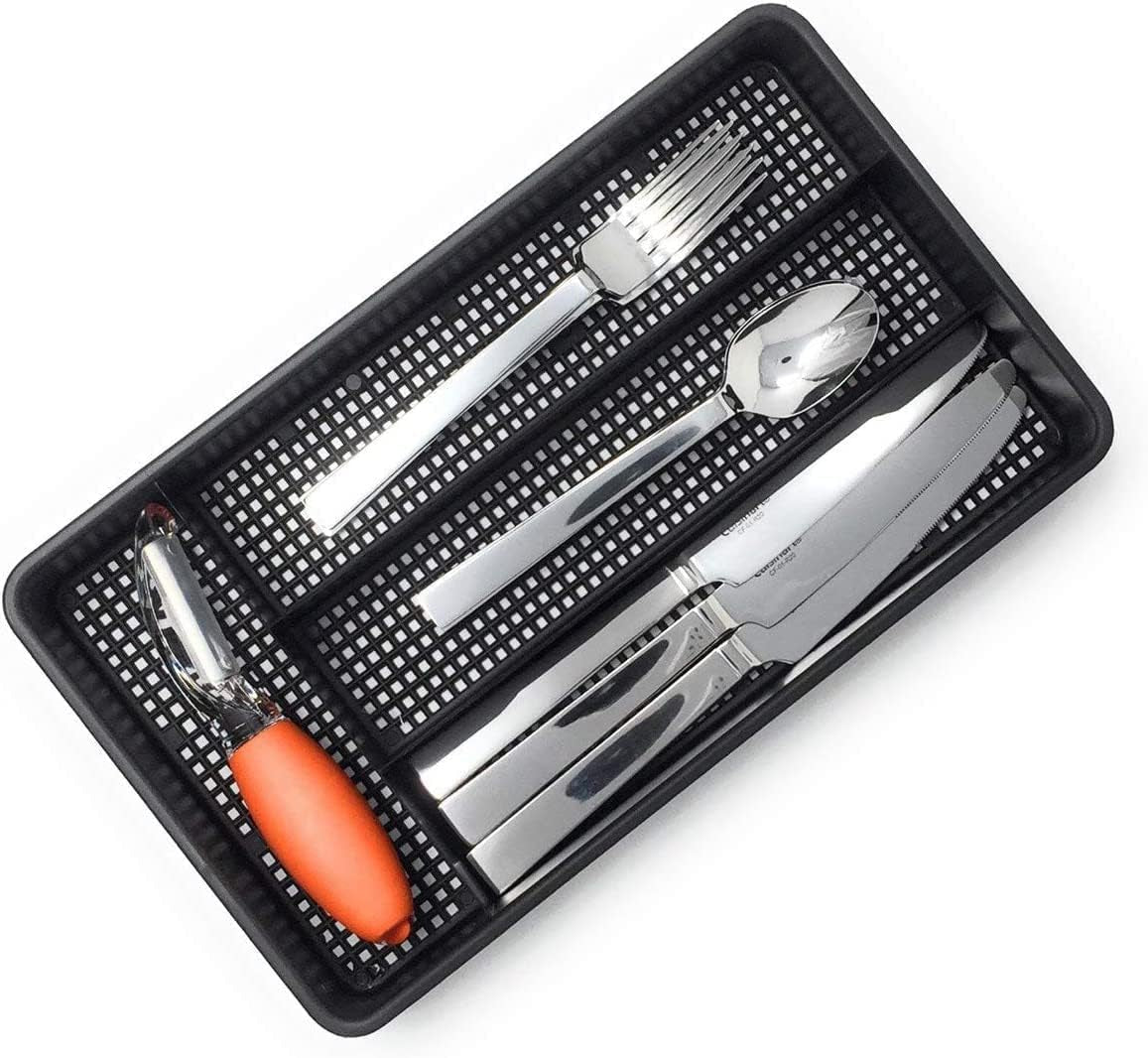 Black compact utensil drawer organizer fitted inside a narrow kitchen drawer.