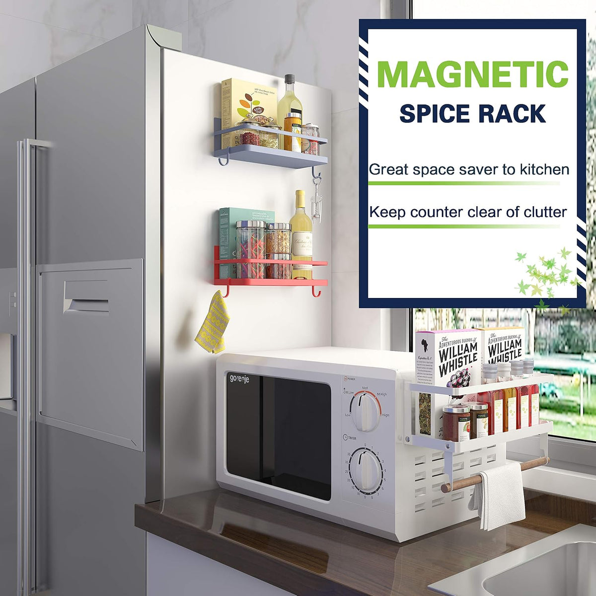 Gray magnetic spice shelf with removable hooks mounted on the side of a metal appliance.