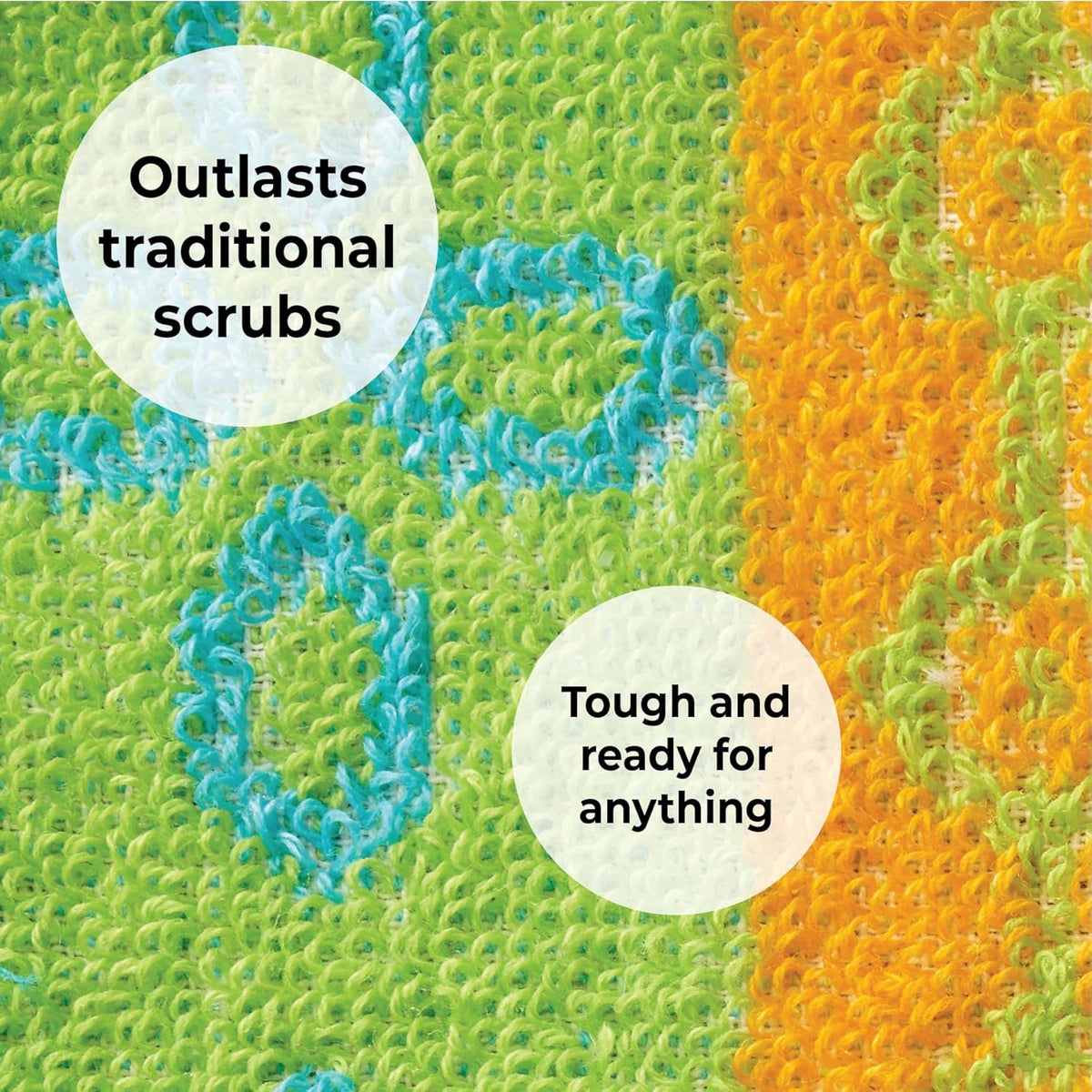Set of four reusable non-scratch dish scrubbers in assorted colors on a kitchen counter.