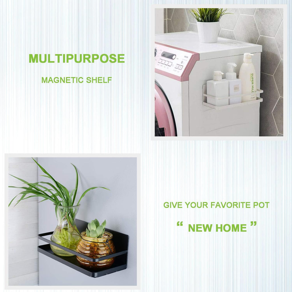Gray magnetic spice shelf with removable hooks mounted on the side of a metal appliance.