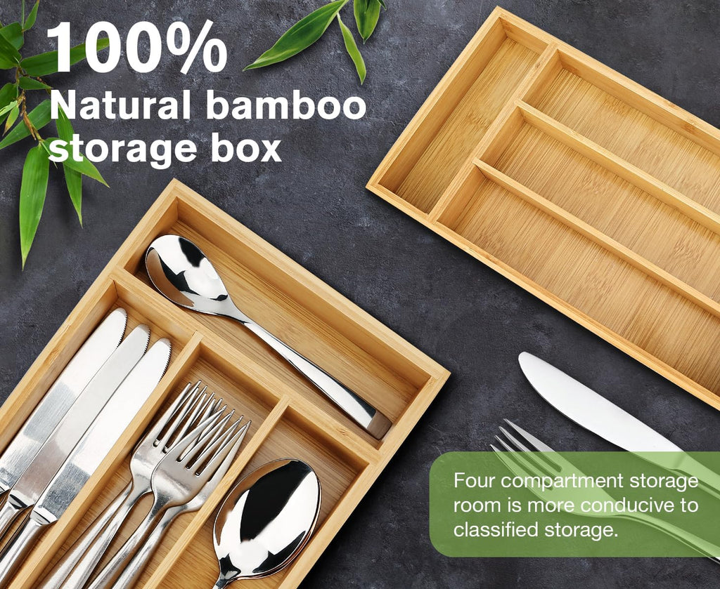 Bamboo silverware drawer organizer holding neatly divided spoons, forks, and knives.