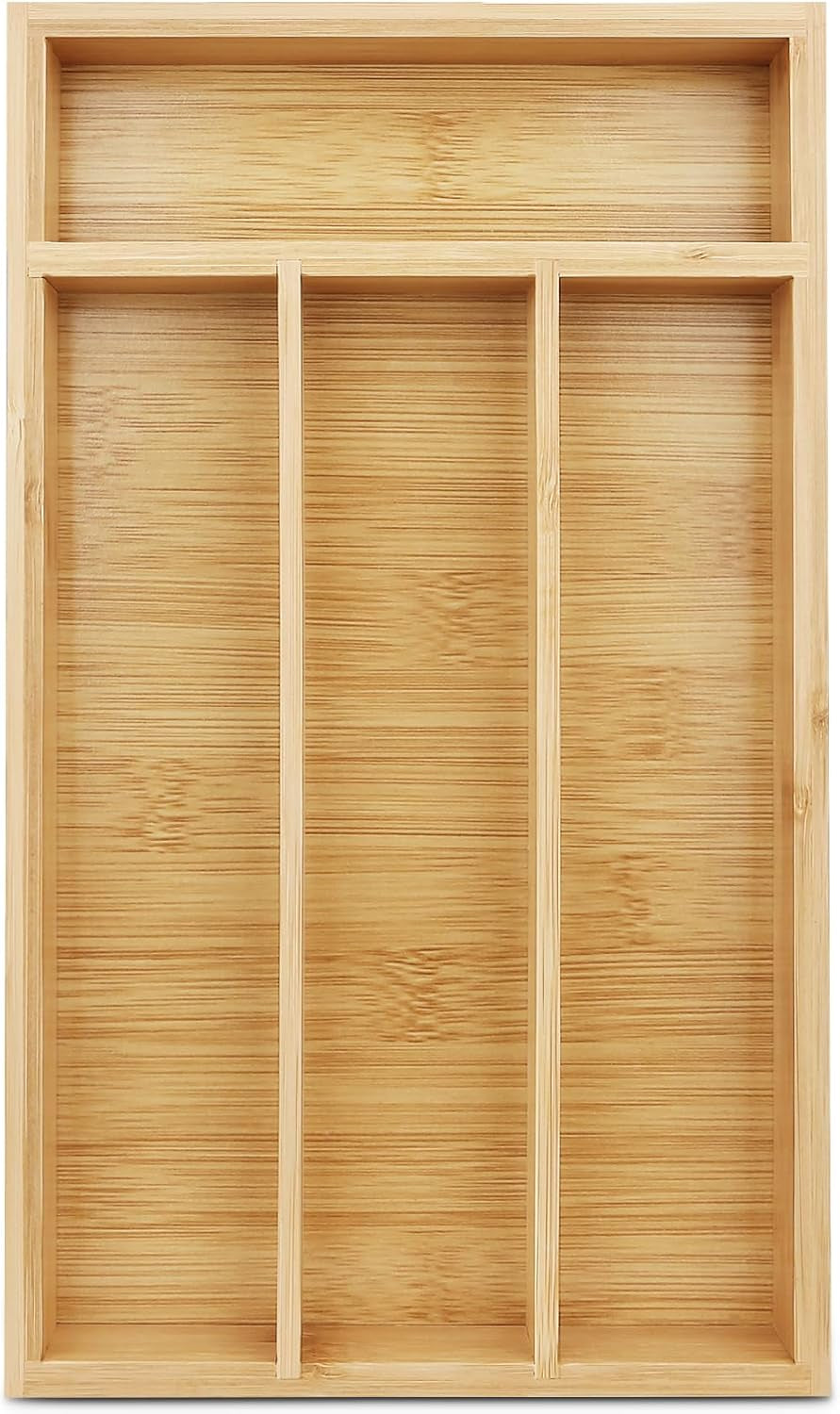 Bamboo silverware drawer organizer holding neatly divided spoons, forks, and knives.