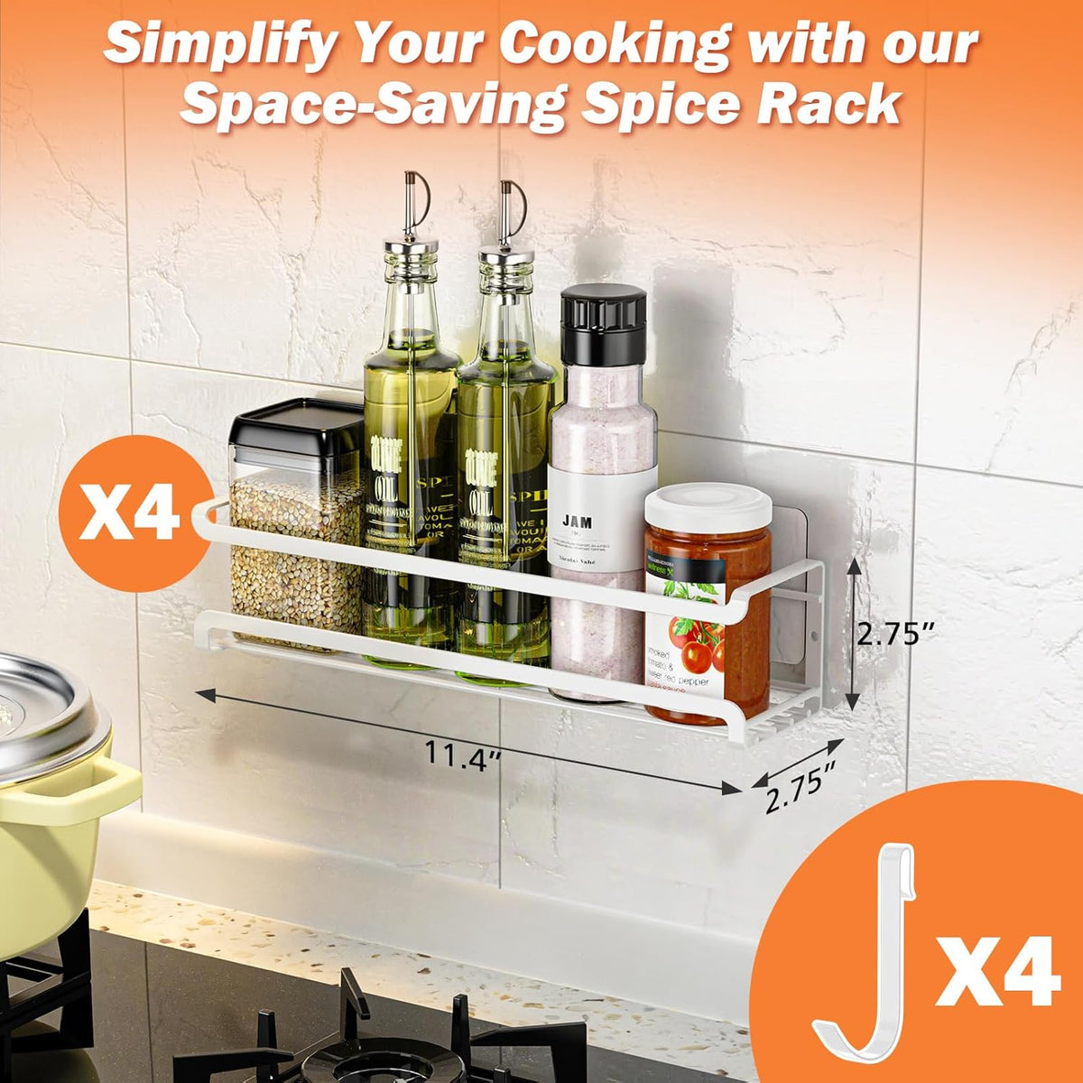 White wall-mounted spice rack holding spice jars inside a kitchen cabinet door.
