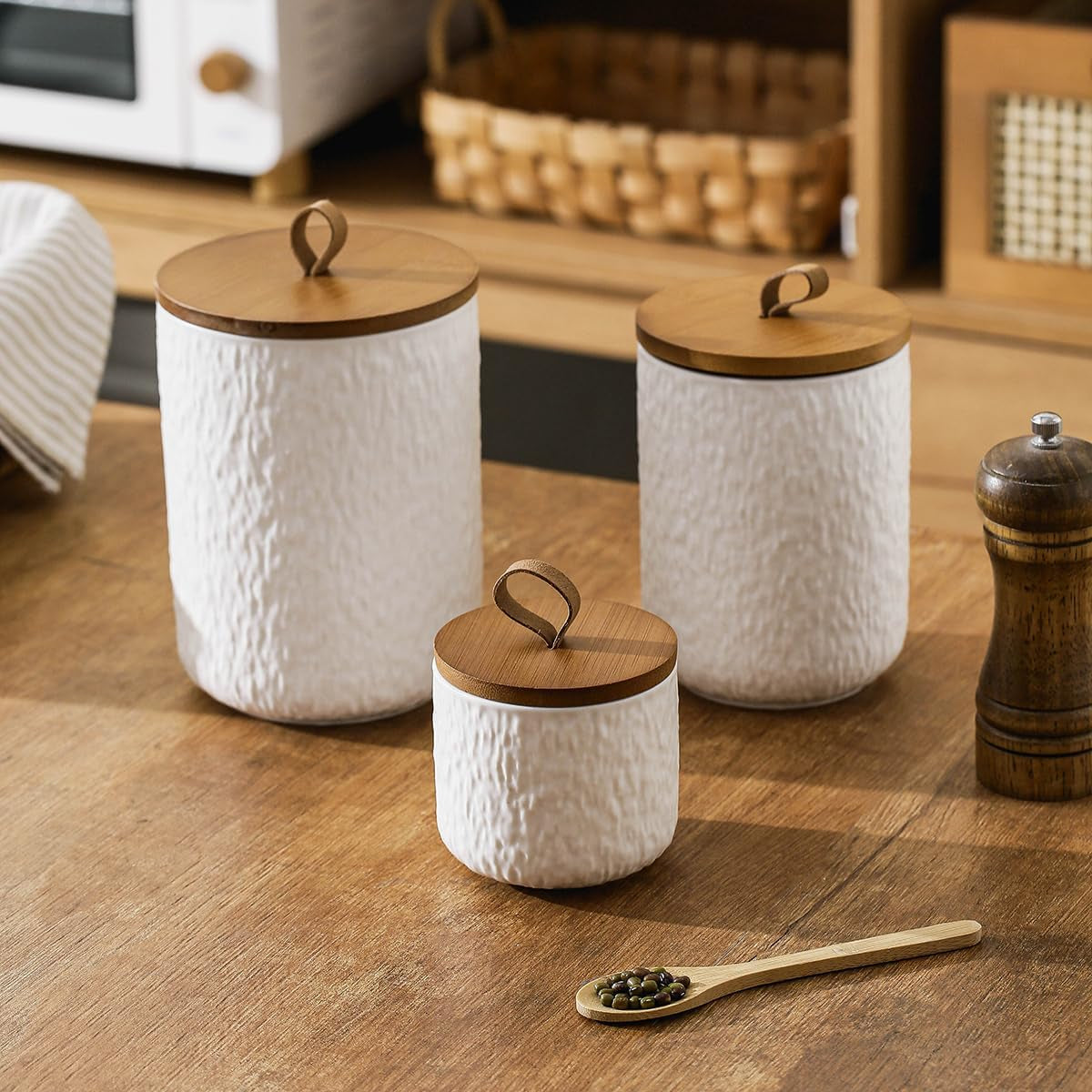 Black White Ceramic Coffee Canister Tea Canister with Seal Wood Lid, Airtight Coffee Storage Container for Coffee Bean, Ground Coffee, Sugar, Cookie Candy Jar (White, 800Ml)