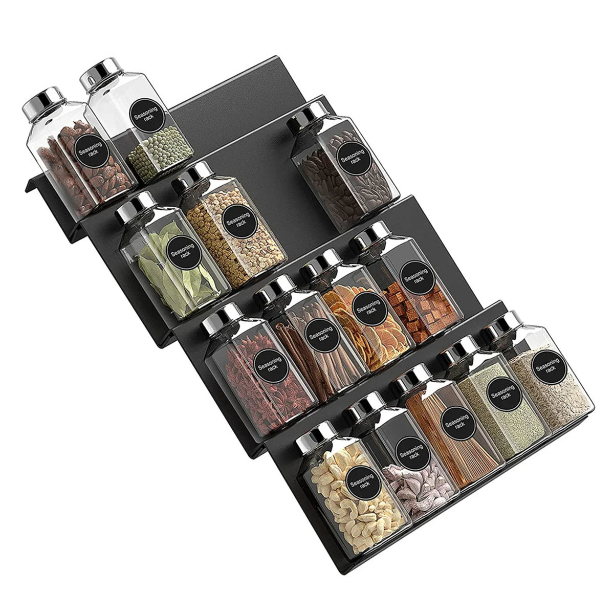 Adjustable acrylic spice organizer tray inside an open kitchen drawer holding spice jars at an angle.