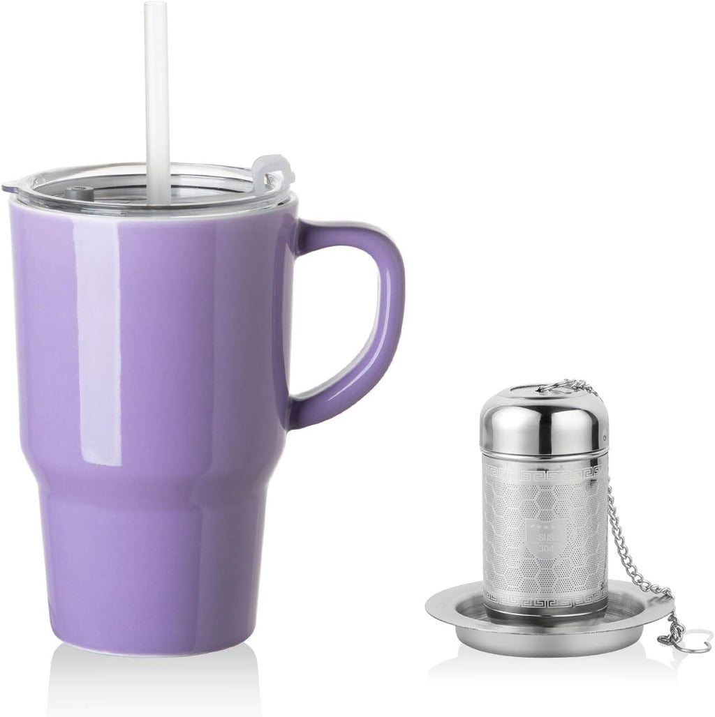 Sweejar Porcelain Tea Infuser Mug with Lid, 16 Oz Teacup with Strainers for Loose Leaf Tea, Microwave and Dishwasher Safe Coffee Mug(Turquoise)