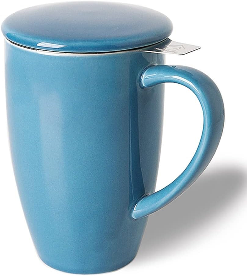Sweejar Porcelain Tea Infuser Mug with Lid, 16 Oz Teacup with Strainers for Loose Leaf Tea, Microwave and Dishwasher Safe Coffee Mug(Turquoise)