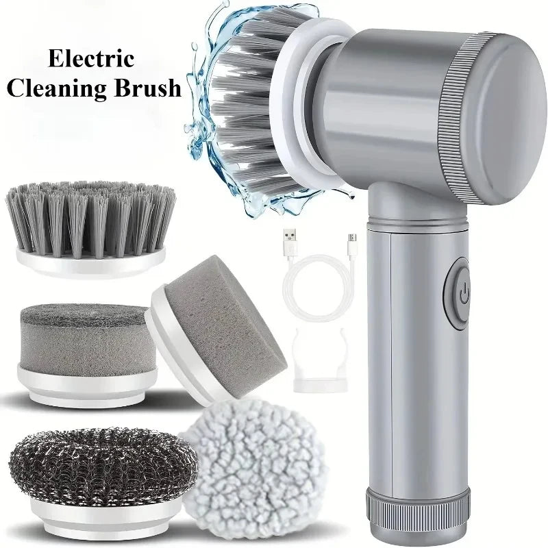 Cordless electric spin scrubber with replaceable brush head cleaning a bathroom tile surface.