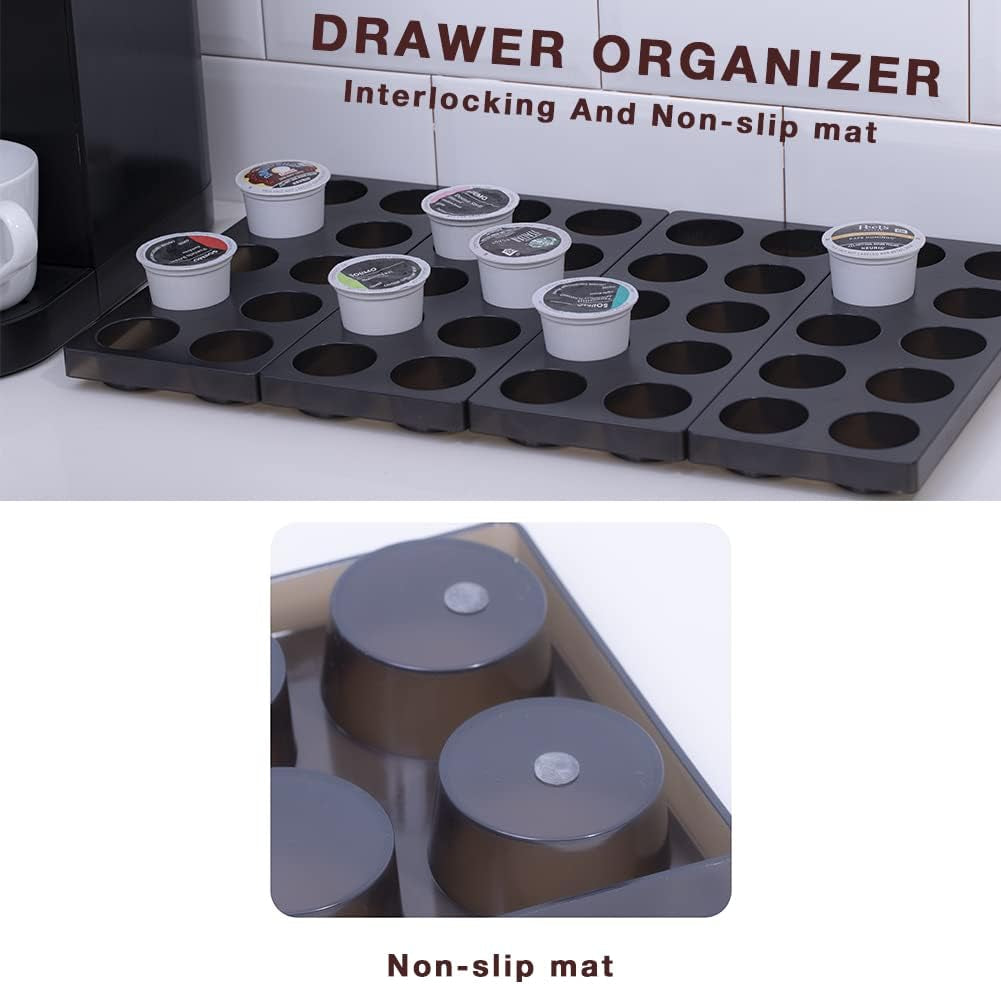 Coffee pod drawer organizer tray holding K-Cup pods with non-slip pads underneath.