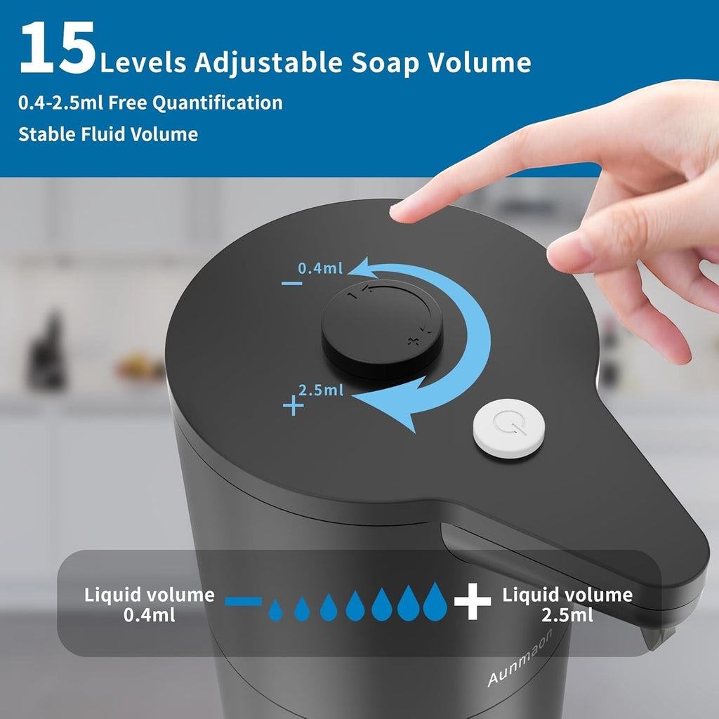 Touchless automatic soap dispenser mounted near a kitchen sink dispensing liquid soap.