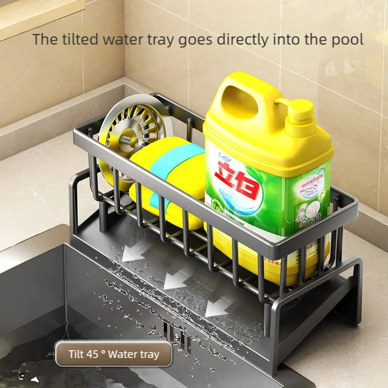 Tap-mounted sink shelf with drainage holes holding a sponge and dish soap.
