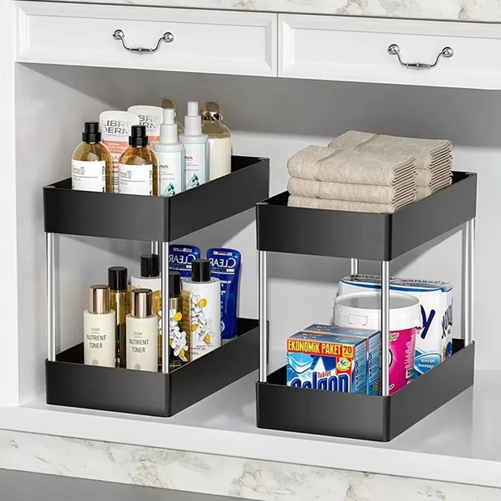 2-tier multipurpose storage rack organizing items inside a bathroom cabinet.