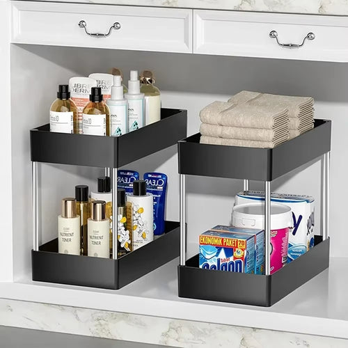 2-tier multipurpose storage rack organizing items inside a bathroom cabinet.