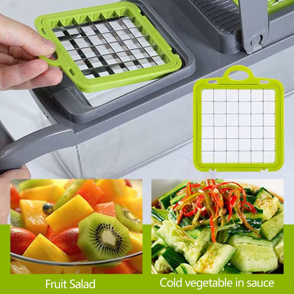Multifunctional vegetable slicer with attached storage basket on a kitchen counter.