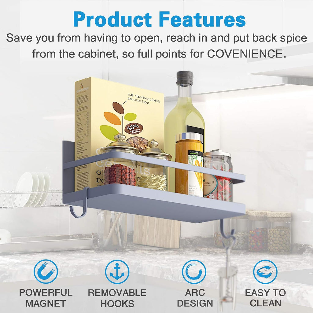 Gray magnetic spice shelf with removable hooks mounted on the side of a metal appliance.