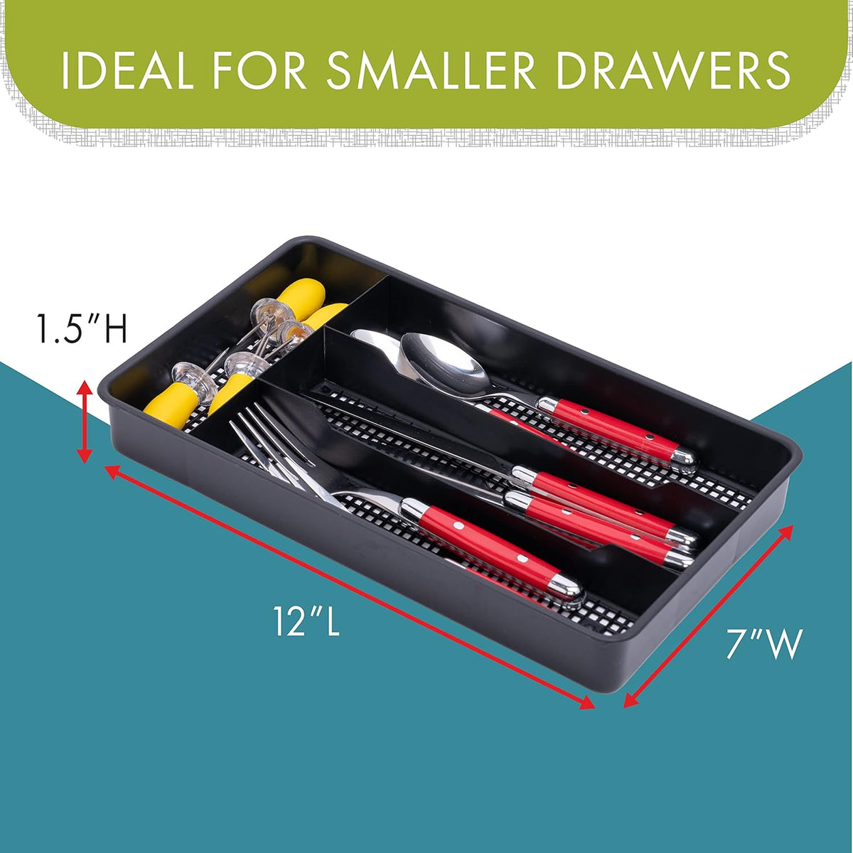 Black compact utensil drawer organizer fitted inside a narrow kitchen drawer.