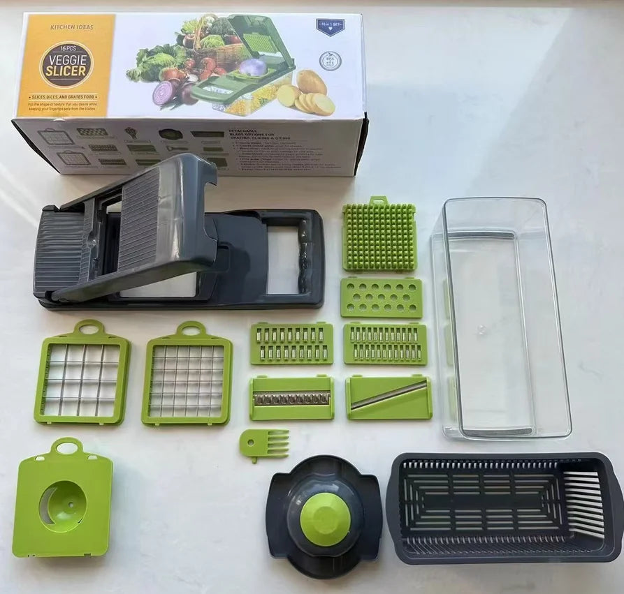 Multifunctional vegetable slicer with attached storage basket on a kitchen counter.