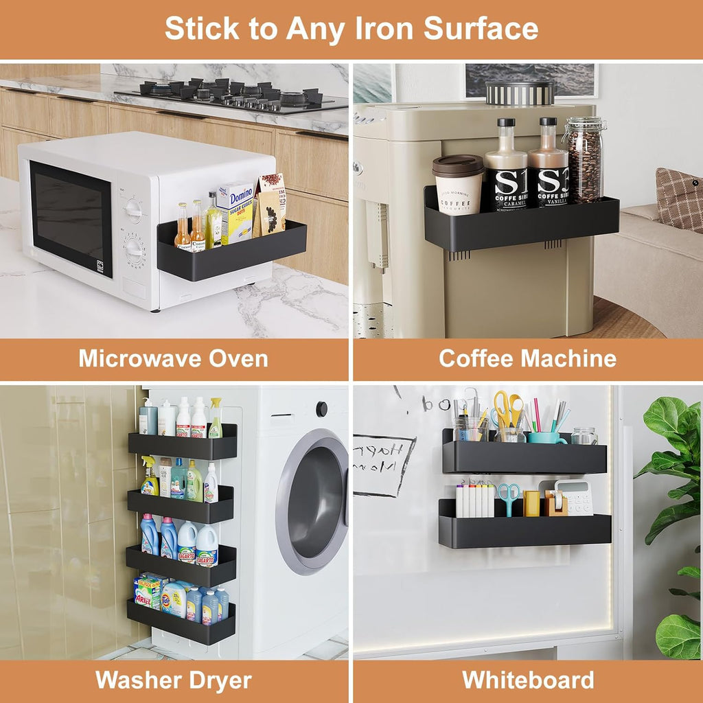 Magnetic spice rack mounted on the side of a refrigerator holding spice jars.