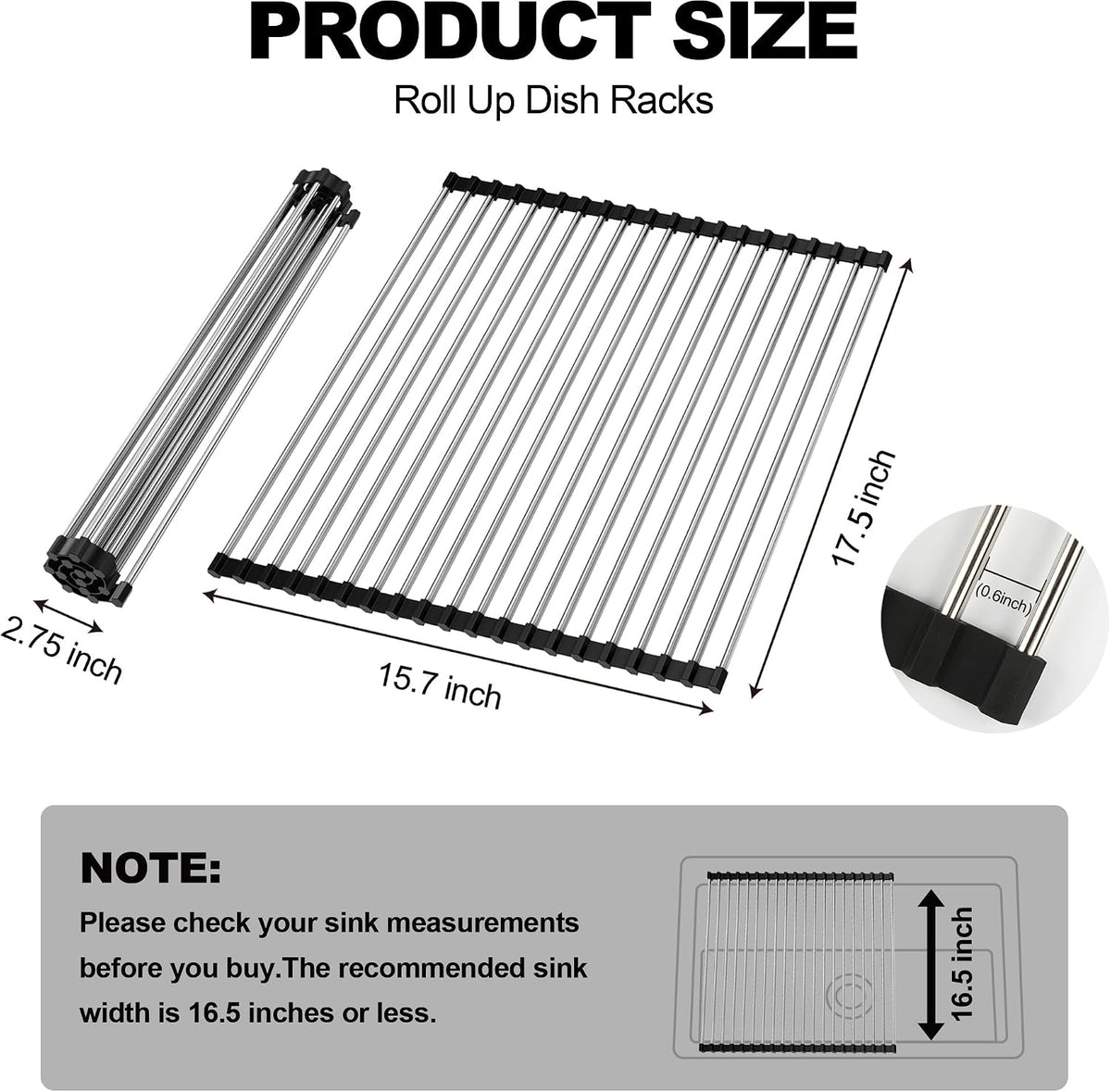 Black roll-up dish drying rack draped over a kitchen sink with dishes drying above it.
