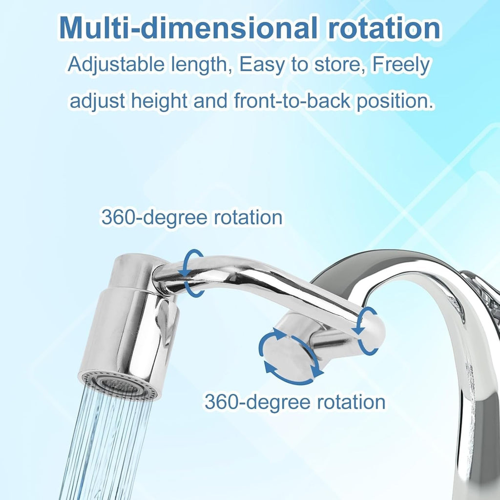 U-shaped faucet extender attached to a bathroom sink faucet at an angle.