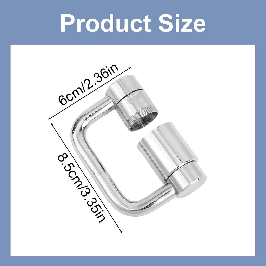 U-shaped faucet extender attached to a bathroom sink faucet at an angle.