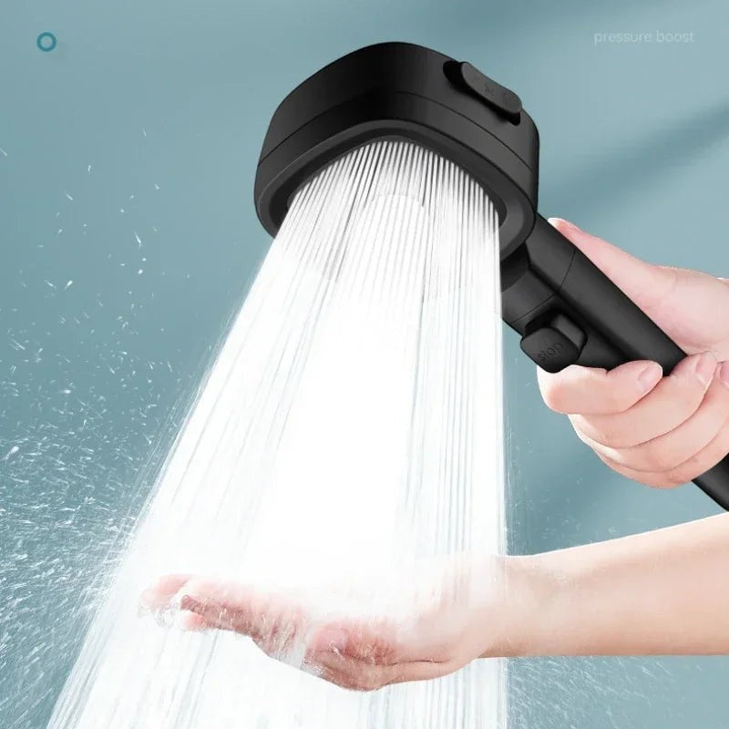 High-pressure water-saving shower head mounted in a modern bathroom.