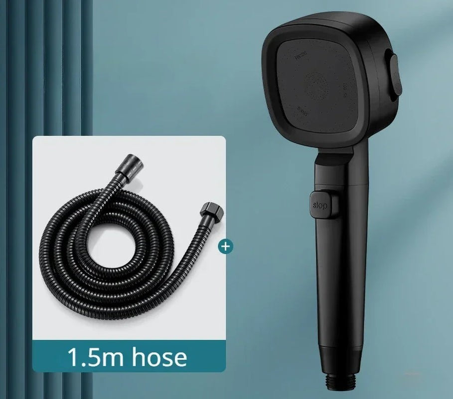 High-pressure water-saving shower head mounted in a modern bathroom.