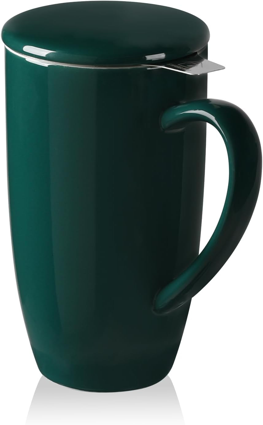 Sweejar Porcelain Tea Infuser Mug with Lid, 16 Oz Teacup with Strainers for Loose Leaf Tea, Microwave and Dishwasher Safe Coffee Mug(Turquoise)