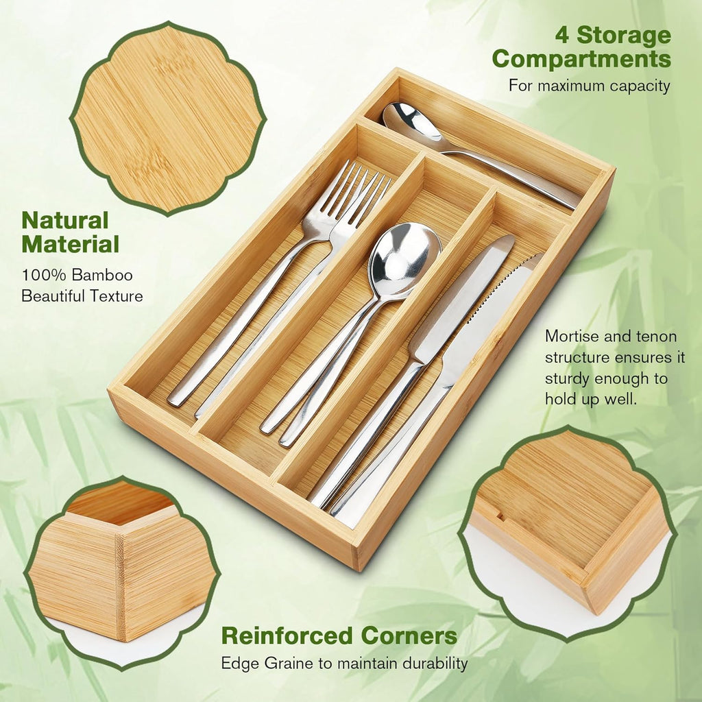 Bamboo silverware drawer organizer holding neatly divided spoons, forks, and knives.