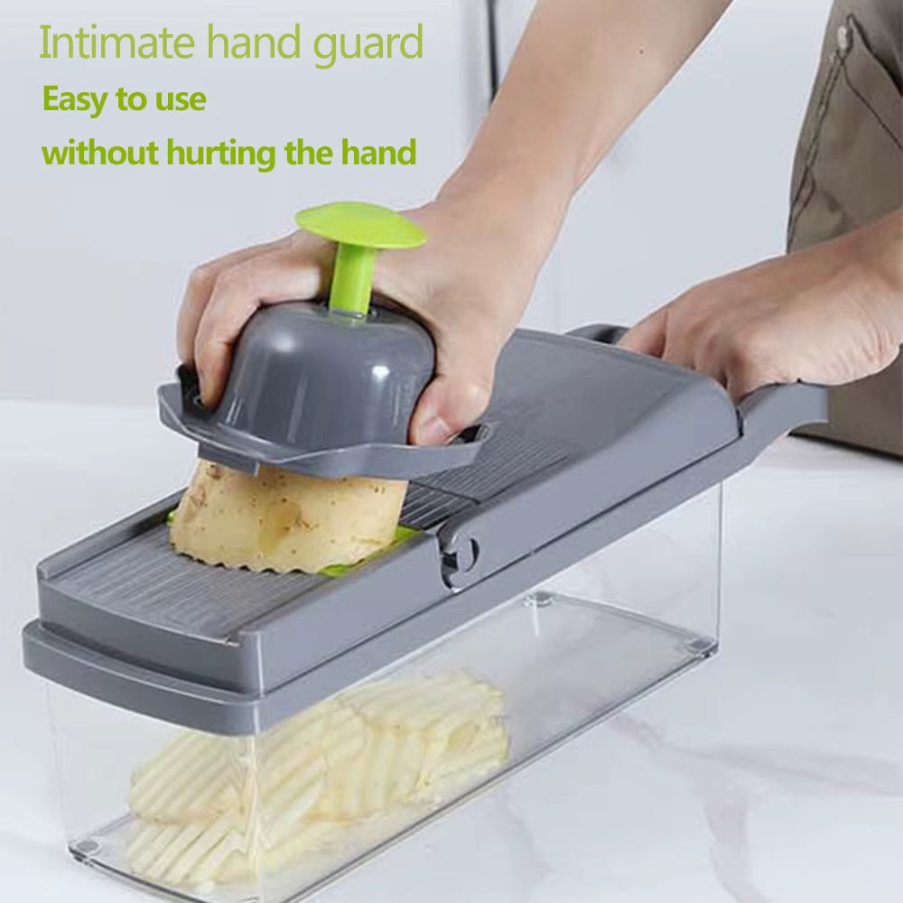 Multifunctional vegetable slicer with attached storage basket on a kitchen counter.