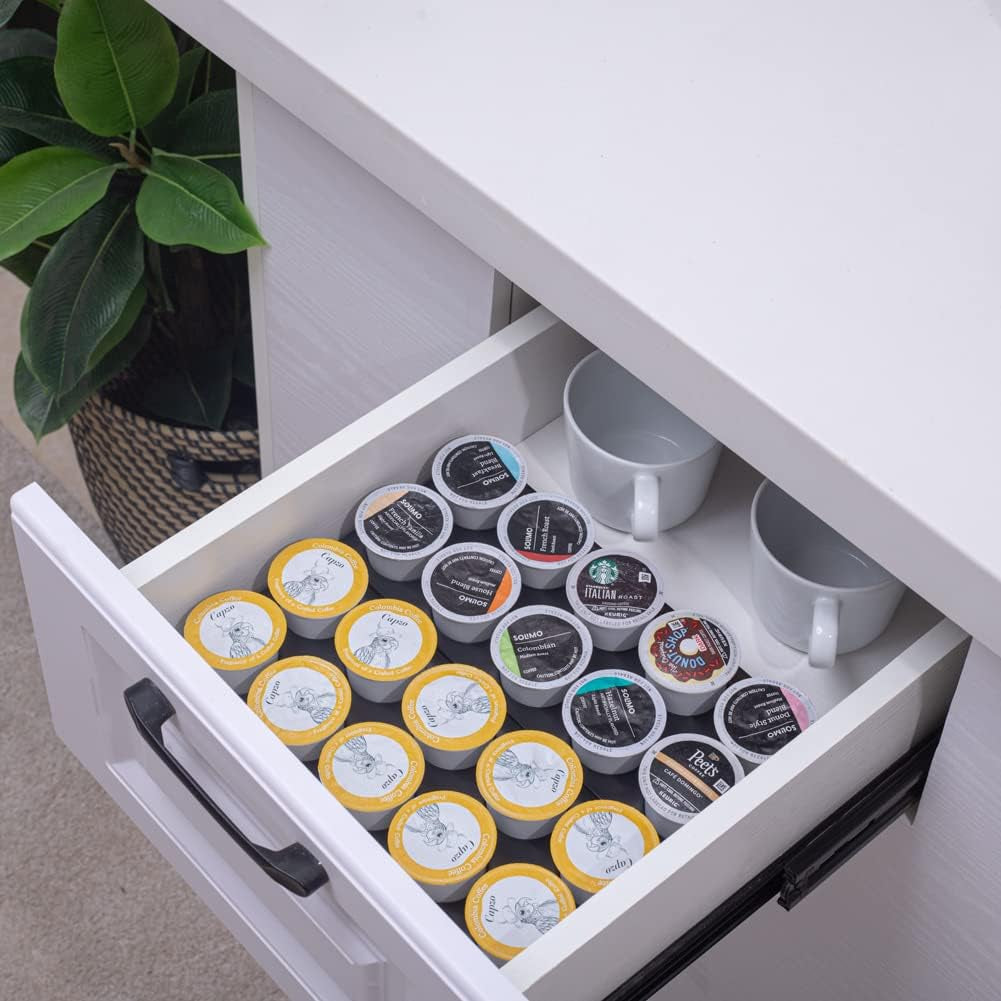 Coffee pod drawer organizer tray holding K-Cup pods with non-slip pads underneath.