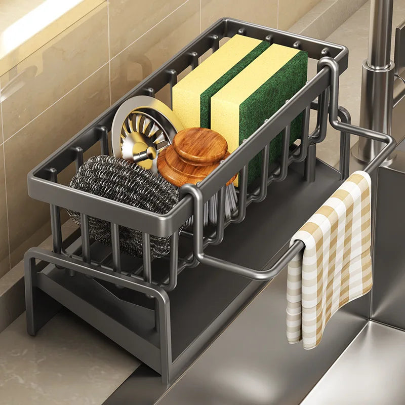Tap-mounted sink shelf with drainage holes holding a sponge and dish soap.