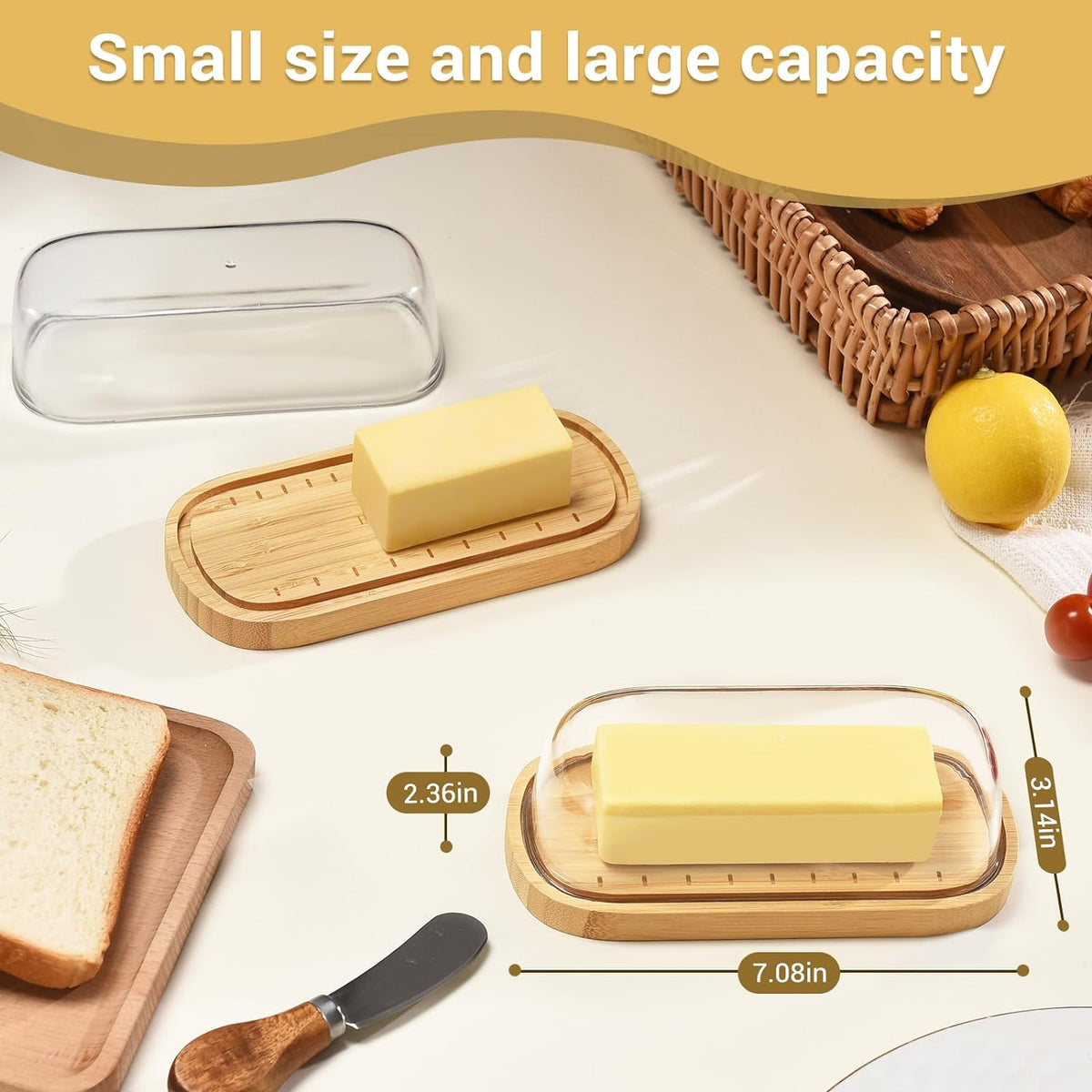 Bamboo butter dish with lid holding a stick of butter on a kitchen counter.