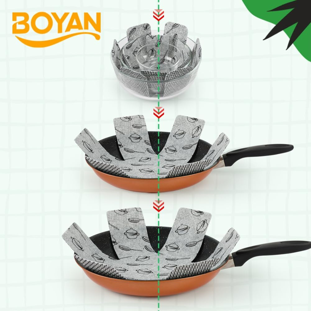 Set of felt pot and pan protectors placed between stacked cookware.