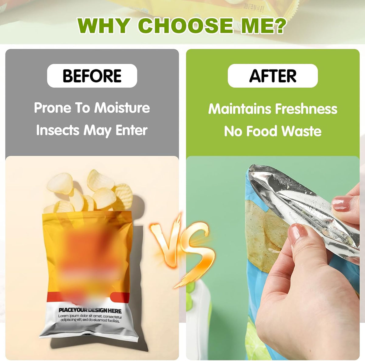 Rechargeable handheld mini bag sealer sealing the top of a snack bag.