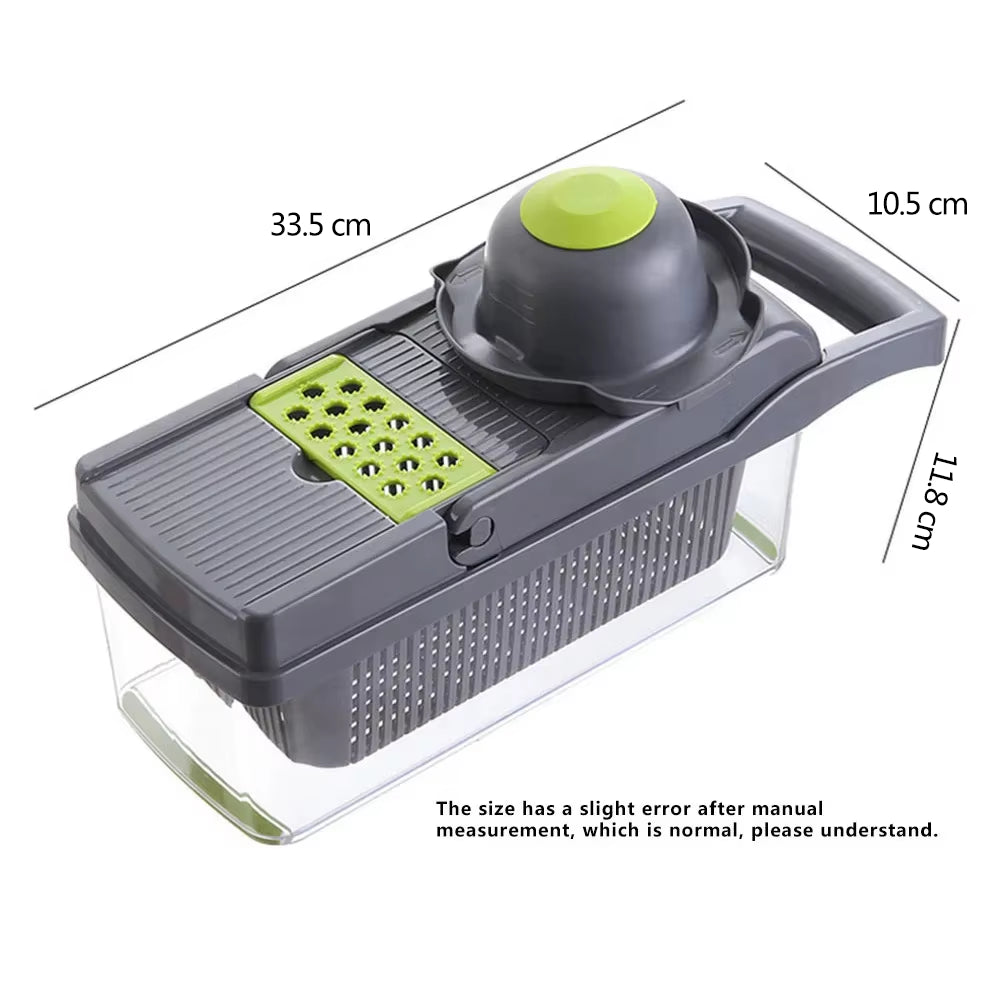 Multifunctional vegetable slicer with attached storage basket on a kitchen counter.
