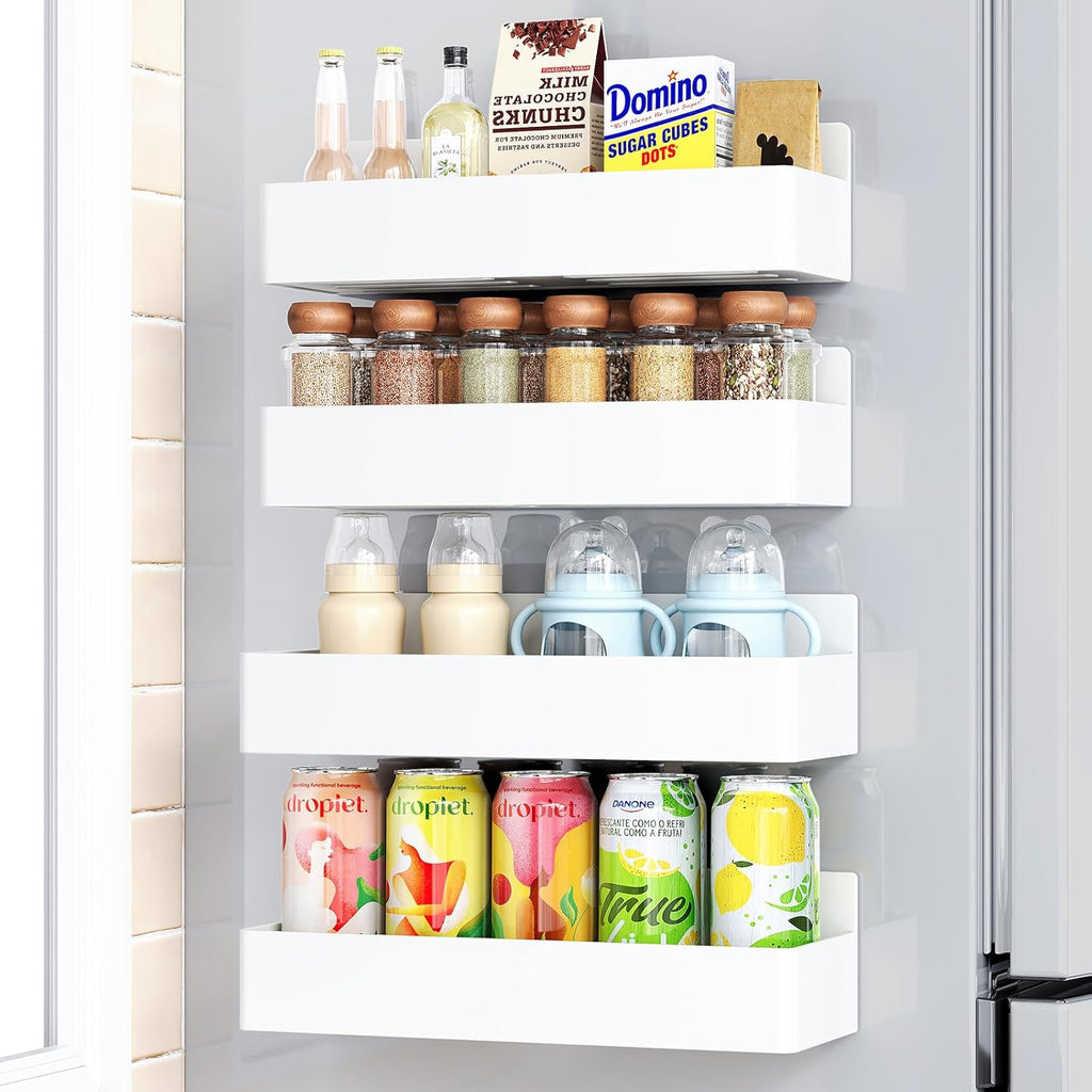 Magnetic spice rack mounted on the side of a refrigerator holding spice jars.